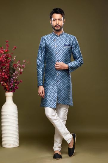 Luxe Banarasi Jacquard Blue Color Readymade Indo Western For Men