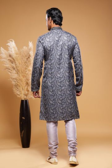 Classic Digital Printed Designs On Blue Color Readymade Kurta Pyjama In Art Silk Fabric