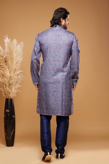 Art Silk Fabric Blue Color Readymade Kurta Pyjama With Winsome Digital Printed Work