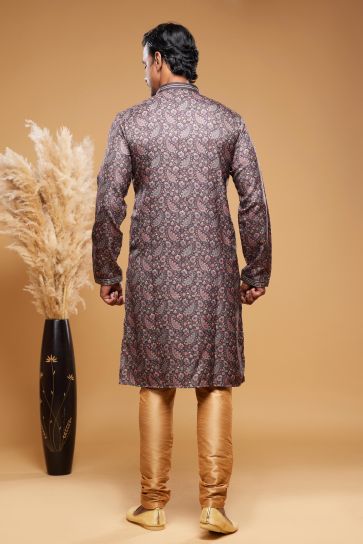 Creative Digital Printed Work On Readymade Kurta Pyjama In Brown Color Art Silk Fabric