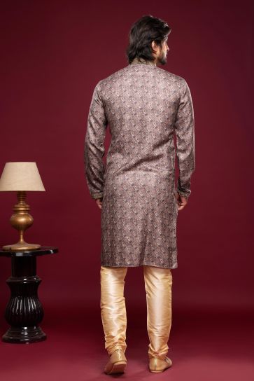 Dark Beige Color Traditional Art Silk Readymade Kurta Pyjama With Digital Printed Work