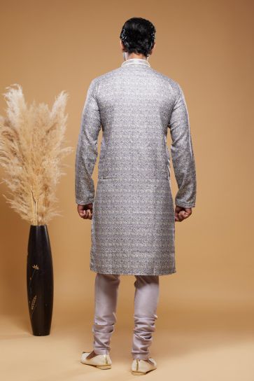 Digital Printed Work On Art Silk Readymade Kurta Pyjama In Grey Color