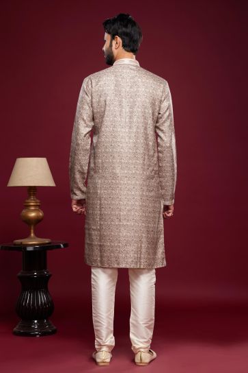 Digital Printed Work On Cream Color Art Silk Readymade Kurta Pyjama For Men