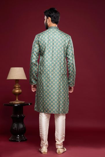Green Color Digital Printed On Ethnic Style Art Silk Readymade Kurta Pyjama