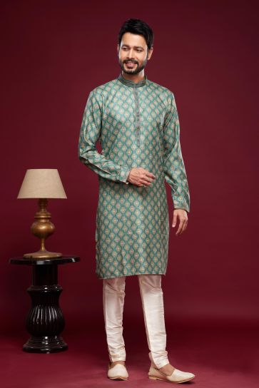 Green Color Digital Printed On Ethnic Style Art Silk Readymade Kurta Pyjama