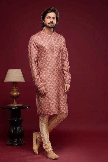 Printed Work On Peach Color Traditional Art Silk Fabric Festive Wear Readymade Kurta Pyjama