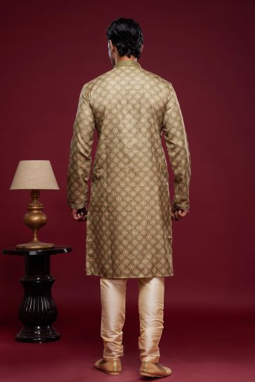 Digital Printed Work On Festive Wear Art Silk Readymade Kurta Pyjama In Cream Color