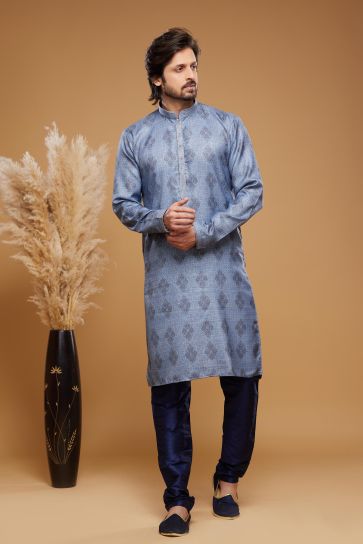 Printed Work On Ethnic Look Art Silk Readymade Kurta Pyjama In Blue Color
