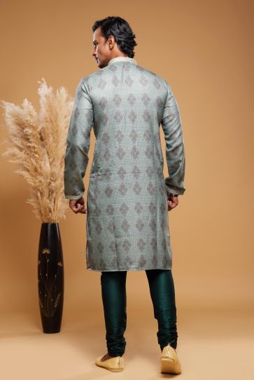 Digital Print Work On Sea Green Color Readymade Kurta Pyjama In Art Silk Fabric