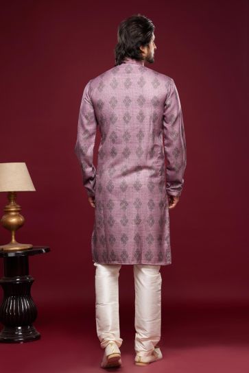 Art Silk Fabric Traditional Readymade Kurta Pyjama In Pink Color With Digital Printed Designs