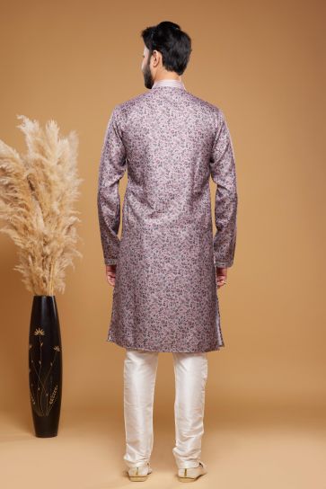 Lavender Color Digital Printed Work Ethnic Style Art Silk Readymade Kurta Pyjama