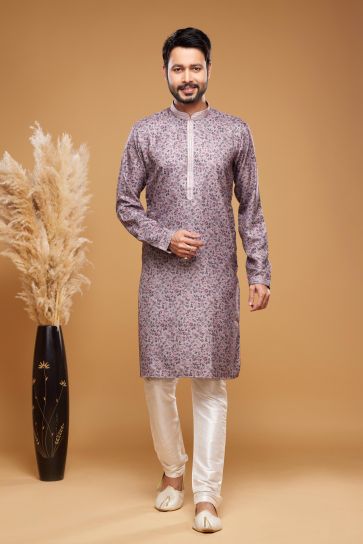 Lavender Color Digital Printed Work Ethnic Style Art Silk Readymade Kurta Pyjama
