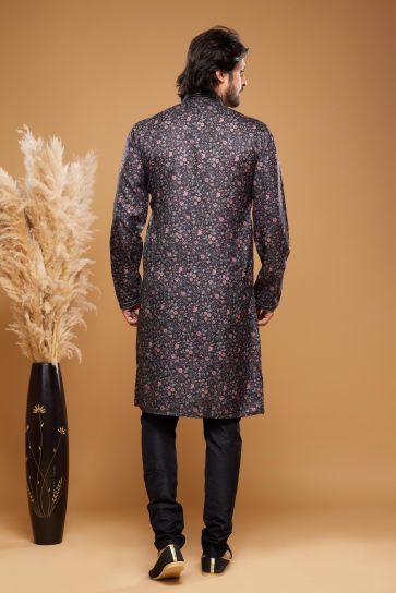 Printed Work Black Color Traditional Art Silk Fabric Readymade Kurta Pyjama For Men