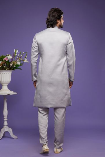 Grey Color Banarasi Art Silk Fabric Royal Function Wear Readymade Indo Western