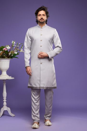 Grey Color Banarasi Art Silk Fabric Royal Function Wear Readymade Indo Western