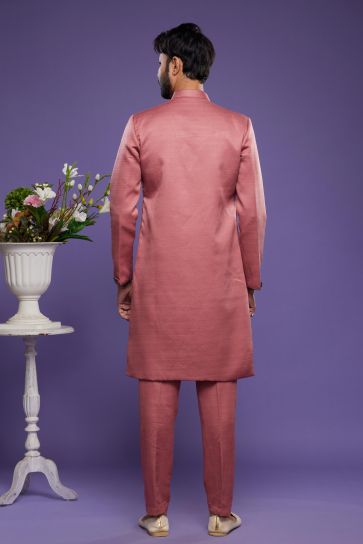 Magnificent Function Wear Banarasi Art Silk Fabric Peach Color Readymade Indo Western