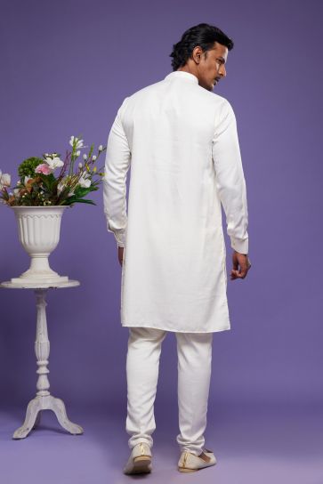 Off White Color Function Wear Splendid Readymade Kurta Pyjama In Banarasi Art Silk Fabric