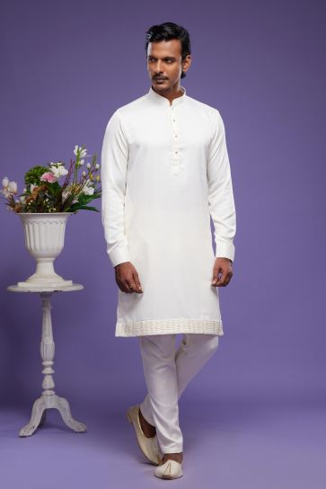 Off White Color Function Wear Splendid Readymade Kurta Pyjama In Banarasi Art Silk Fabric