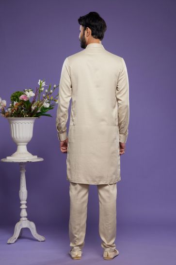 Banarasi Art Silk Fabric Brilliant Function Wear Readymade Kurta Pyjama In Cream Color