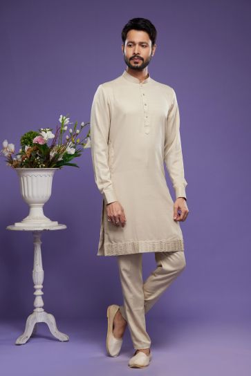 Banarasi Art Silk Fabric Brilliant Function Wear Readymade Kurta Pyjama In Cream Color