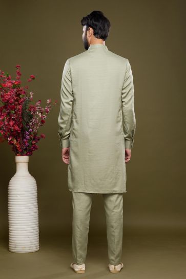 Banarasi Art Silk Fabric Sea Green Color Stunning Readymade Kurta Pyjama In Function Wear