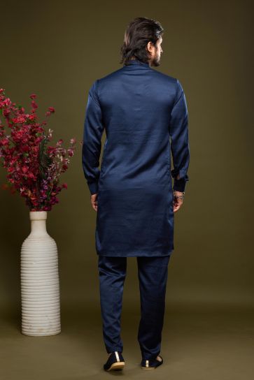 Blazing Navy Blue Color Banarasi Art Silk Fabric Function Wear Readymade Kurta Pyjama