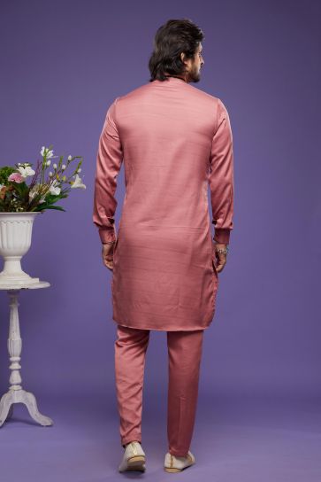 Peach Color Banarasi Art Silk Fabric Luxurious Readymade Kurta Pyjama In Function Wear