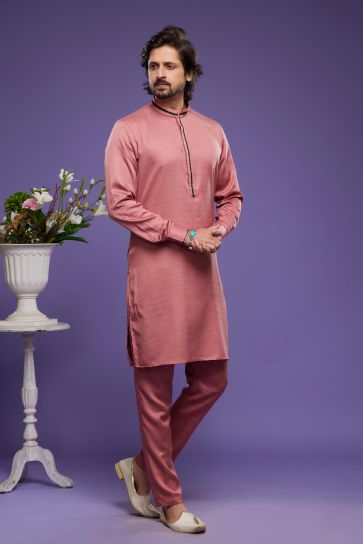 Peach Color Banarasi Art Silk Fabric Luxurious Readymade Kurta Pyjama In Function Wear