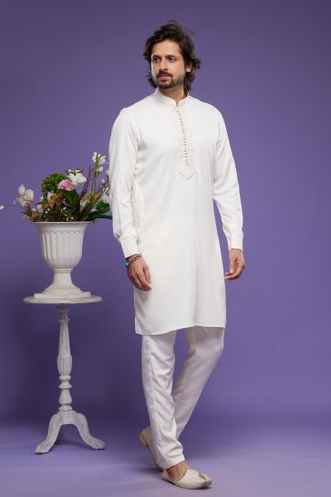 Incredible Banarasi Art Silk Fabric Function Wear Cream Color Readymade Kurta Pyjama