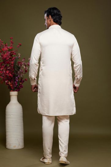 Cream Color Function Wear Readymade Kurta Pyjama In Soothing Banarasi Art Silk Fabric