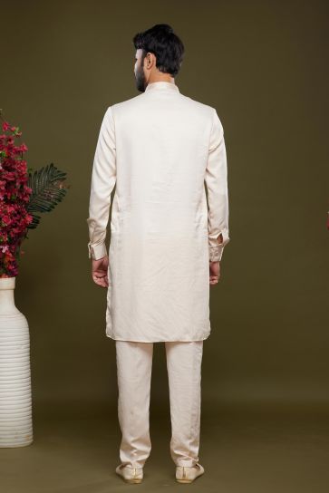 Aristocratic Function Wear Cream Color Banarasi Art Silk Fabric Readymade Kurta Pyjama