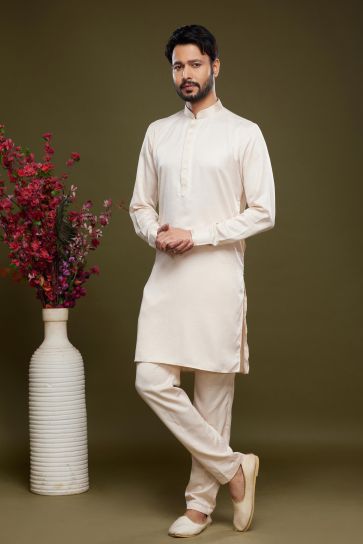 Aristocratic Function Wear Cream Color Banarasi Art Silk Fabric Readymade Kurta Pyjama