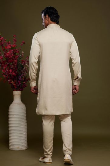 Elegant Beige Color Banarasi Art Silk Fabric Function Wear Readymade Kurta Pyjama