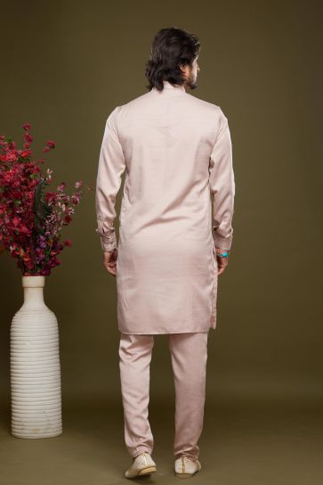 Dazzling Peach Color Function Wear Readymade Kurta Pyjama In Banarasi Art Silk Fabric