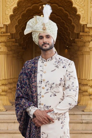 Readymade Majestic Cream Color Art Silk Fabric Groom Sherwani