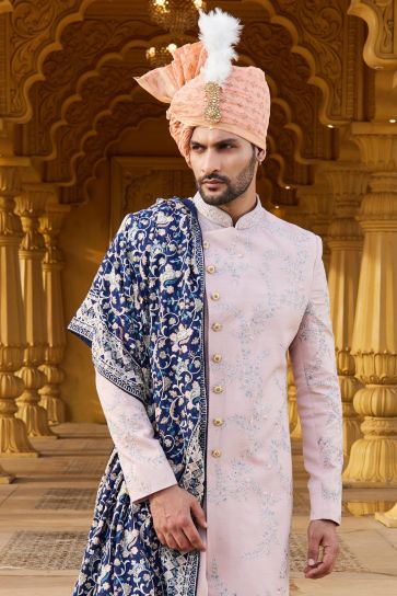 Fascinate Art Silk Fabric Groom Sherwani In Pink Color