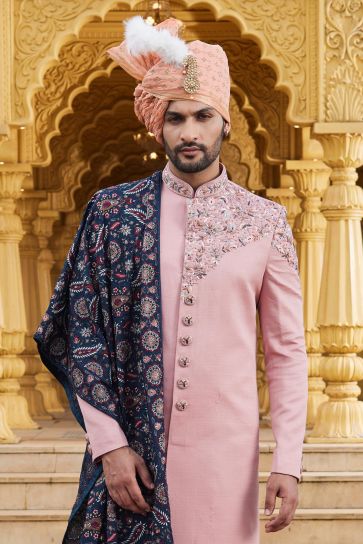 Graceful Pink Color Art Silk Fabric Readymade Groom Sherwani