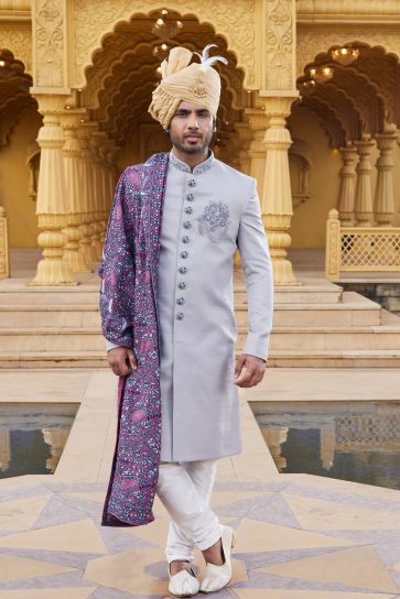 Grey Color Art Silk Fabric Magnificent Groom Sherwani