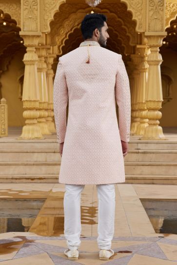 Trendy Textured Peach Color Georgette Fabric Sherwani