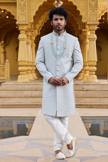 Intriguing Grey Color Readymade Sherwani In Georgette Fabric