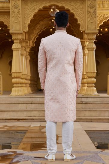 Readymade Peach Color Art Silk Fabric Royal Sherwani