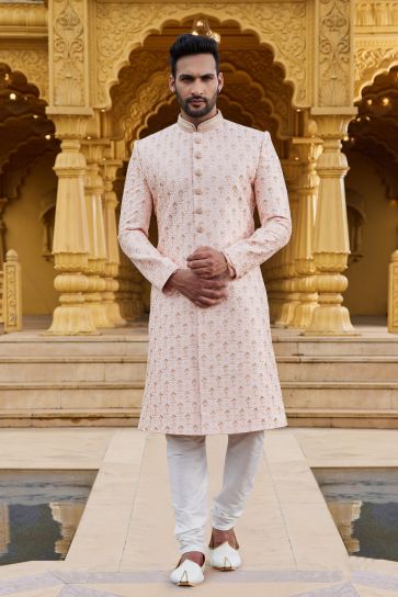 Readymade Peach Color Art Silk Fabric Royal Sherwani