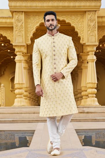 Yellow Color Art Silk Fabric Engrossing Sherwani For Men