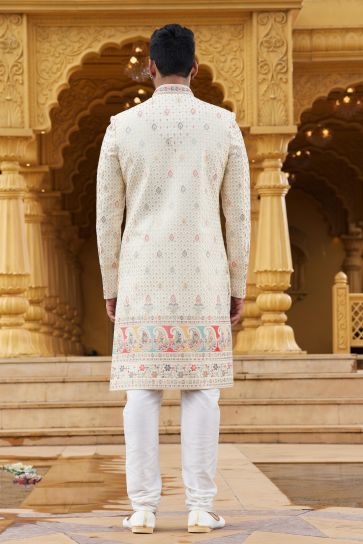 Cream Color Readymade Provocative Sherwani In Art Silk Fabric