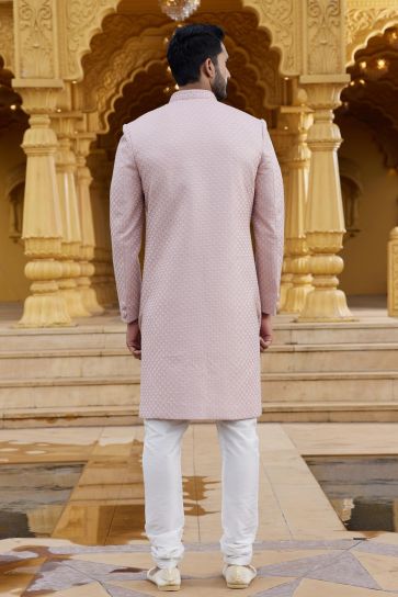 Engaging Pink Color Art Silk Fabric Readymade Sherwani