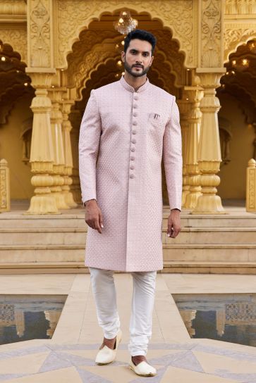 Engaging Pink Color Art Silk Fabric Readymade Sherwani
