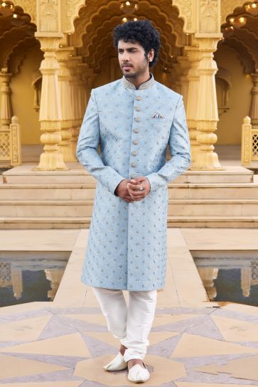 Adorning Light Cyan Color Art Silk Fabric Sherwani For Men