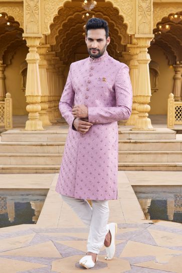 Mesmeric Pink Color Art Silk Fabric Sherwani For Men