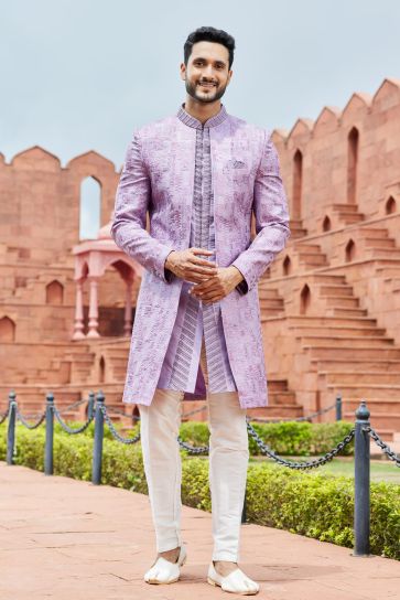 Art Silk Wedding Wear Trendy 3 Piece Jacket in Lavender Color