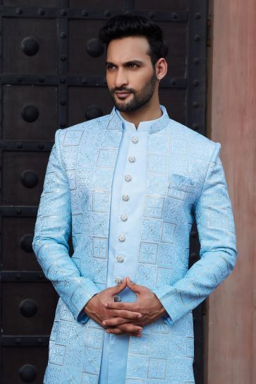 Art Silk Wedding Wear 3 Piece Jacket in Sky Blue with Thread work
